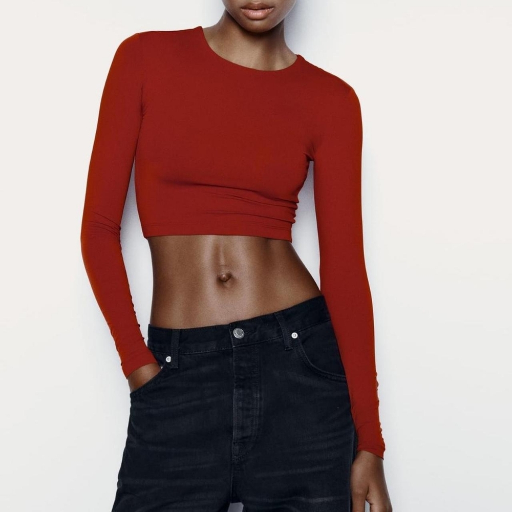 ZARA Bright Red Crop Top Size Small: S (Long Sleeve, Shirt, Blouse, Tight,Short)